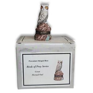 New Porcelain Hinged Trinket Box of Prey Series Great Horned Owl 2"